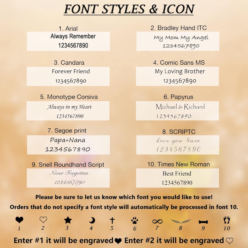 May include: A chart with 10 different font styles and their corresponding numbers. Each font style is displayed with a sample text and the number 1234567890. Below the chart are 10 icons with their corresponding numbers. The text below the icons reads: "Enter #1 it will be engraved Enter #2 it will be engraved".