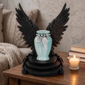 May include: A light blue marble-patterned cremation urn sits on a black tiered base, framed by two large black sculpted angel wings. A silver beaded chain encircles the neck of the urn, featuring a round charm inscribed with I still need you close to me.