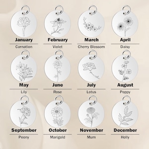 May include: Twelve circular silver-toned metal charms, each featuring a black line-art illustration of a birth flower. Below each charm, the corresponding month and flower name are printed in black text, ranging from January Carnation to December Holly.