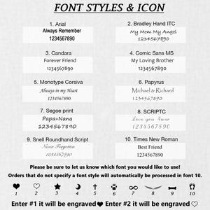 May include: A list of font styles and icons with corresponding numbers and text descriptions. The text includes font names, sample phrases, and the number 1234567890. Below the list are icons numbered 1 through 10. The text at the bottom reads "Enter #1 it will be engraved Enter #2 it will be engraved".