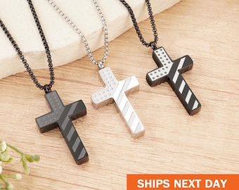 Personalized Cross Flag Urn Necklace for Ashes, Customized Memorial Pendant, Cremation Jewelry for Men, Ashes Holder, Keepsake Necklace