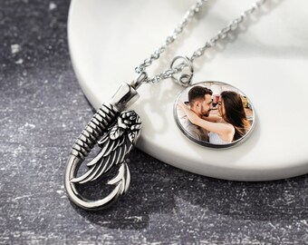 Fishing Hook Necklace for Ashes, Hook Urn Necklace with Angel Wing, Cremation Jewelry, Memorial Pendant Keepsake for Men Women