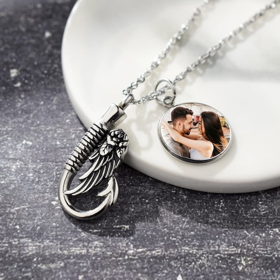 Fishing Hook Necklace for Ashes, Hook Urn Necklace With Angel Wing, Cremation  Jewelry, Memorial Pendant Keepsake for Men Women 