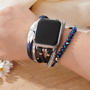 Boho Leather Bracelet Apple Watch Band,Watch Strap with Feather,Women Leather Multilayer Wrap Strap for iWatch Series 1-10 SE,38-42mm42-49mm