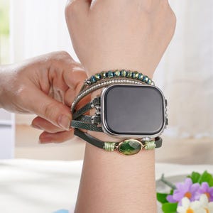 Boho Leather Bracelet Apple Watch Band, Watch Strap with Tree, Women Leather Multilayer Wrap Strap for iWatch Series 1-10 SE, 38-42mm42-49mm