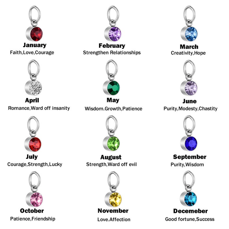 May include: A collection of twelve silver-toned metal charms, each featuring a circular gemstone in a unique color representing a month. The text below each charm lists the month and associated traits like Faith, Love, Courage, and Good fortune.