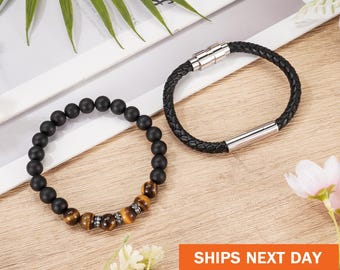 Personalized Leather Urn Bracelet, Customized Cremation Bangle for Ashes, Lava Stone Tiger's Eye Beads, Jewelry for Ashes of Loved Ones