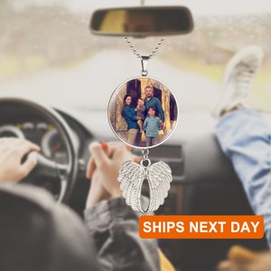 Custom Photo Rearview Mirror Car Charm Car Angel Charm Picture Engraving Car Hanging Ornament Angel Wing Car Photo Charm Gift for Father