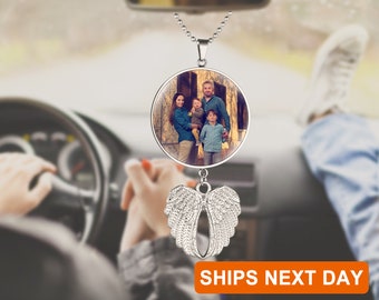 Custom Photo Rearview Mirror Car Charm Car Angel Charm Picture Engraving Car Hanging Ornament Angel Wing Car Photo Charm Gift for Father