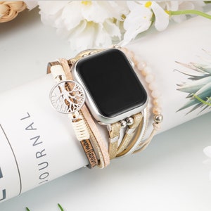 Boho Leather Bracelet Apple Watch Band, Watch Strap with Tree, Women Leather Multilayer Wrap Strap for iWatch Series 1-10 SE, 38-42mm42-49mm