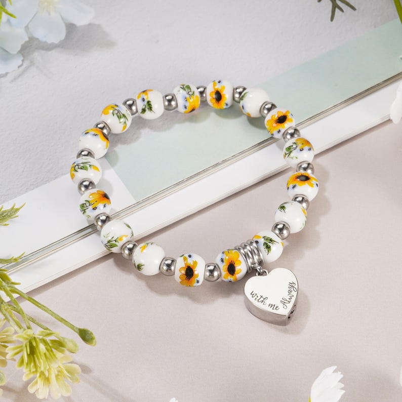 Personalized Urn Bracelet for Ashes, Heart Memorial Bracelet, Customized Cremation Jewelry, Ashes Holder Bangle, Ashes Bracelet for Women Yellow Flower