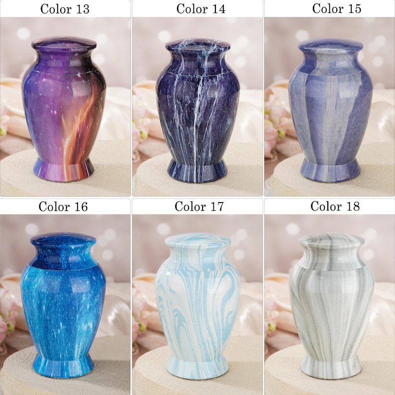 May include: A collection of six decorative urns labeled Color 13 through Color 18. Each urn features a distinct finish: purple and orange gradient, dark blue marble, light blue vertical stripes, bright blue speckled, light blue swirl, and grey swirl.