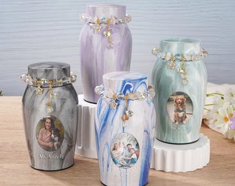 Personalized Small Memorial Cremation Urns for Human Ashes, Photo Customization 5.5Inches Urns, Stainless steel Keepsake Urns