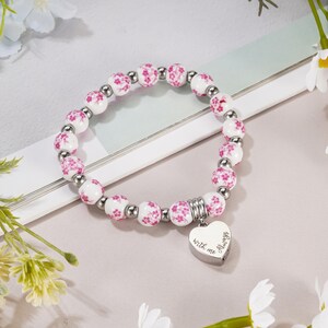 Personalized Urn Bracelet for Ashes, Heart Memorial Bracelet, Customized Cremation Jewelry, Ashes Holder Bangle, Ashes Bracelet for Women Pink Flower