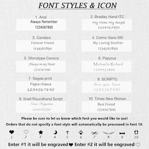 May include: A chart titled FONT STYLES & ICON displaying ten numbered font options with sample text and numbers 1234567890. Below are ten numbered icons including a heart, star, moon, cross, paw print, infinity symbol, wings, bone, and footprints.