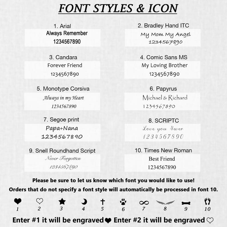 May include: A chart titled FONT STYLES & ICON displaying ten numbered font options with sample text and numbers 1234567890. Below are ten numbered icons including a heart, star, moon, cross, paw print, infinity symbol, wings, bone, and footprints.