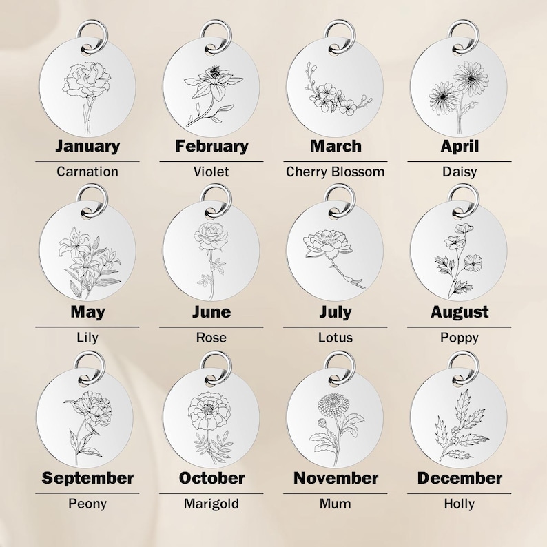 May include: Twelve circular silver-toned metal charms, each featuring a black line-art illustration of a birth flower. The charms are labeled with the months January through December and their corresponding flowers: Carnation, Violet, Cherry Blossom, Daisy, Lily, Rose, Lotus, Poppy, Peony, Marigold, Mum, and Holly.