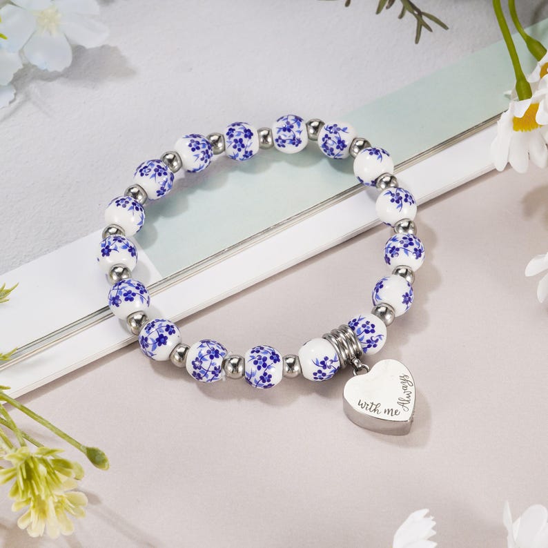 Personalized Urn Bracelet for Ashes, Heart Memorial Bracelet, Customized Cremation Jewelry, Ashes Holder Bangle, Ashes Bracelet for Women Blue Flower