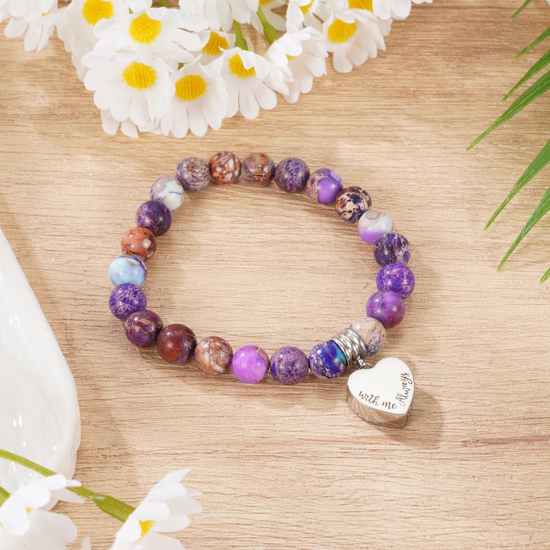 Personalized Urn Bracelet for Ashes, Heart Memorial Bracelet, Customized Cremation Jewelry, Ashes Holder Bangle, Ashes Bracelet for Women Purple Emperor Stone