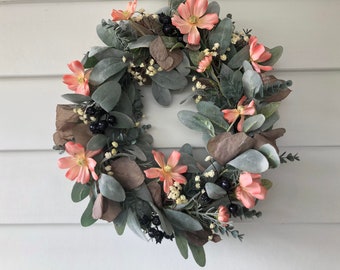 Lambs Ear and Cosmos Wreath, Artificial Flower Wreath, Handmade, Front Door Wreath, Farmhouse Style, Door Decor, Wall Decor, All Year Round