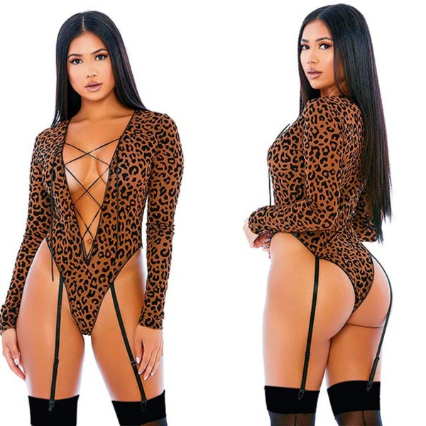 Leopard Print See-Through Mesh Bondage Sexy Underwire Bodysuit