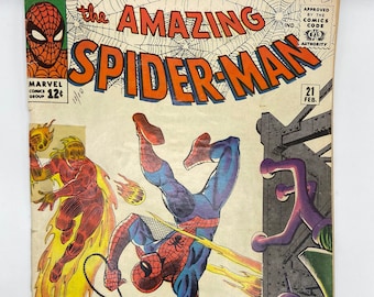1965 Amazing Spiderman #21 "¡Donde vuela el escarabajo...!" ~ FERIA ~ Apariencia de la ANTORCHA HUMANA ~ tema clave de silverage raw
