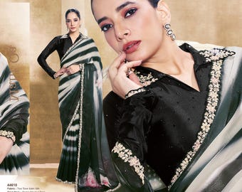 Black White Printed Satin Silk Saree, Embroidered Stone Work Sari,   Gift for Her