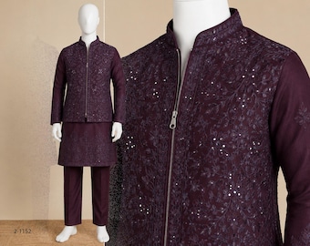 Men's Art Silk Kurta Pajama with Jacket Set | Real Mirror & Multi Thread Embroidered Work