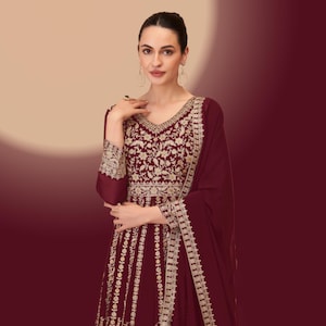 Maroon Bollywood Readymade Designer Anarkali Palazzo and Sharara Salwar Suit Pakistani Dress, Indian Wedding Party Wear Embroidery Work Suit