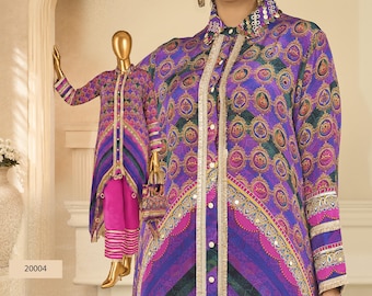 Crepe Silk Designer Top Pant Set with Handbag, Hand Aari Gota Patti Work