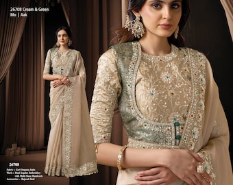 Cream Green Designer Embroidered Saree, Wedding Gift Women