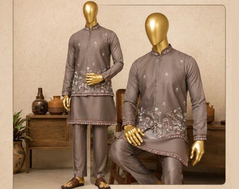 Designer Men's Silk Kurta Pajama Set with Embroidered Koti Jacket | Thread & Sequence Work