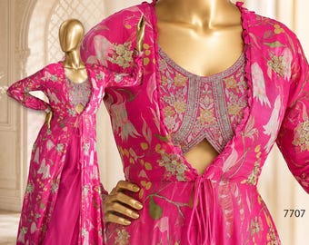 Real Chinon Digital Printed Long Shrug Jacket with Embroidered Top & Palazzo Set