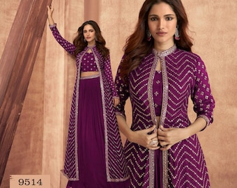 Chinon Silk Lehenga Set, Embroidered Long Jacket, Crop Top, Flared Skirt