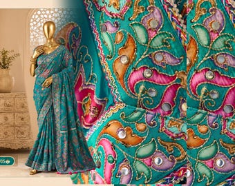 Heavy Organza Saree with Sequins Real Mirror Work, Traditional Motif Wedding Saree