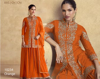 Embroidered Chinon Silk Kurti Sharara Set Dupatta Indian Ethnic Suit Wedding Guest Party