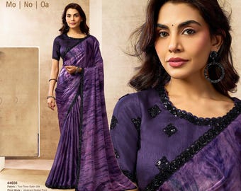 Two Tone Satin Silk Printed Saree, Embroidered Sequins Work Saree, Designer Blouse