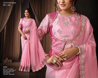 Pink Designer Embroidered Saree Set, Wedding Gift Sari for Women