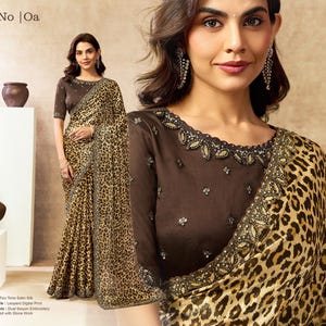 Sari de seda satinada estampado con bordados de lentejuelas, blusa de diseño, borde bordado / Regalo para ella
