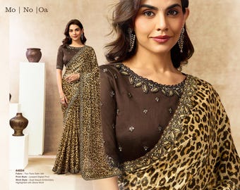 Leopard Print Satin Silk Saree, Dual Sequin Embroidery, Designer Blouse