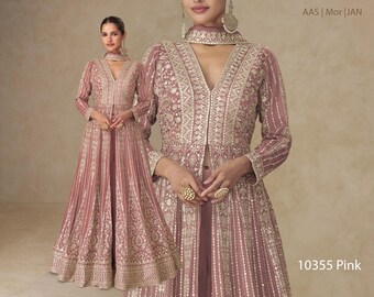 Pink Anarkali Gown Suit Set Ready to Wear Silver Embroidery | Plus Size WhatsApp Us