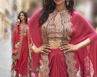 Indo Western Drape Saree Gown with Printed Cape Bollywood style