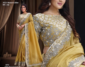 Yellow Embroidered Saree, Luxury Indian Wedding Sari for Women