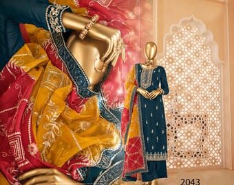 Straight Suit Heavy Chinnon Embroidered  with Santoon Bottom