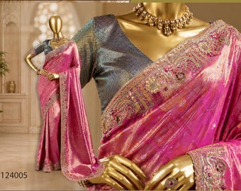 Embellished Banarasi Silk Saree, Zarkan Handwork, Indian Wedding Party Wear, Designer Blouse