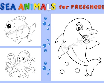 Dibujo para colorear de animales marinos de guardería para imprimir, Lindo dibujo para colorear de animales marinos para niños, Dibujo para colorear de pez ballena delfín PDF