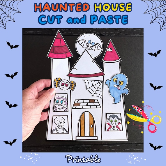 Maison hantée à découper coller, Activité Halloween à imprimer, Maison Halloween et personnages à colorier, 12 pièces à couper et à coller