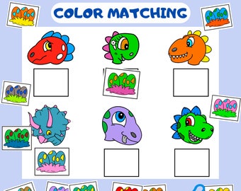 Dinosaur color matching printable, Match activity preschool, Color sorting matching dinosaur game, Color recognition activity, Dino egg game