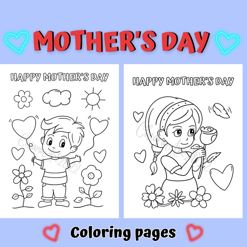 May include: Two black and white coloring pages for Mother's Day. The first page features a boy holding balloons and the second page features a girl holding a rose.