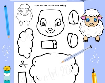 Sheep cut and paste printable, Build a sheep coloring preschool, Easter cut and glue activity, Sheep craft, Farm animal craft, Hand-drawn